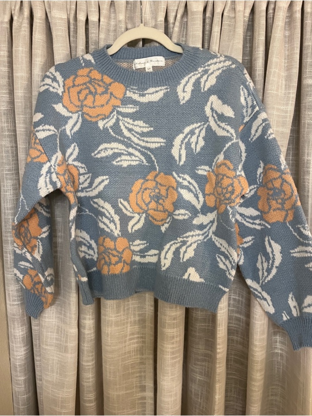 Chelsea & Theodore Blue Floral Crewneck Sweater with Peach Blooms